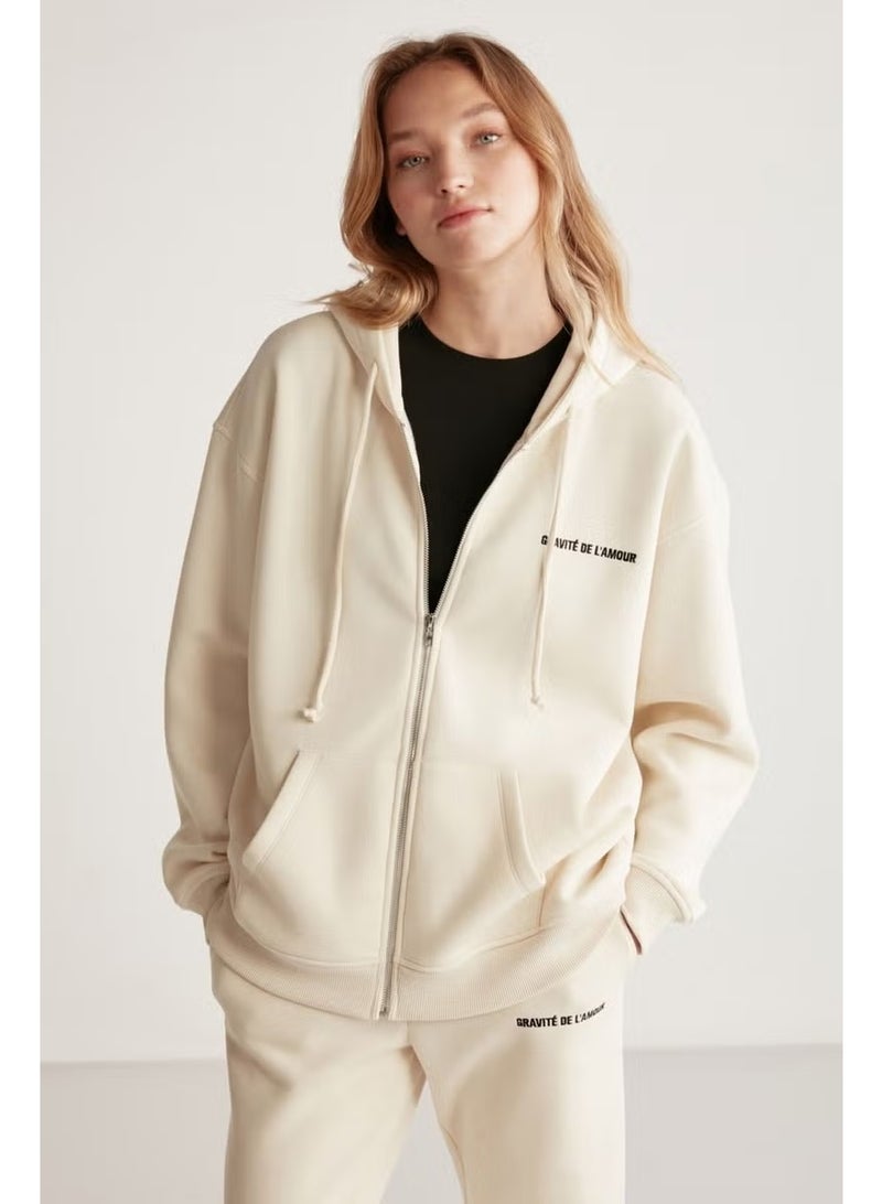 GRIMELANGE Ametis Women's Knitted Oversize Hooded Zippered Summer Detailed Vanilla Sweatshirt - Image 1